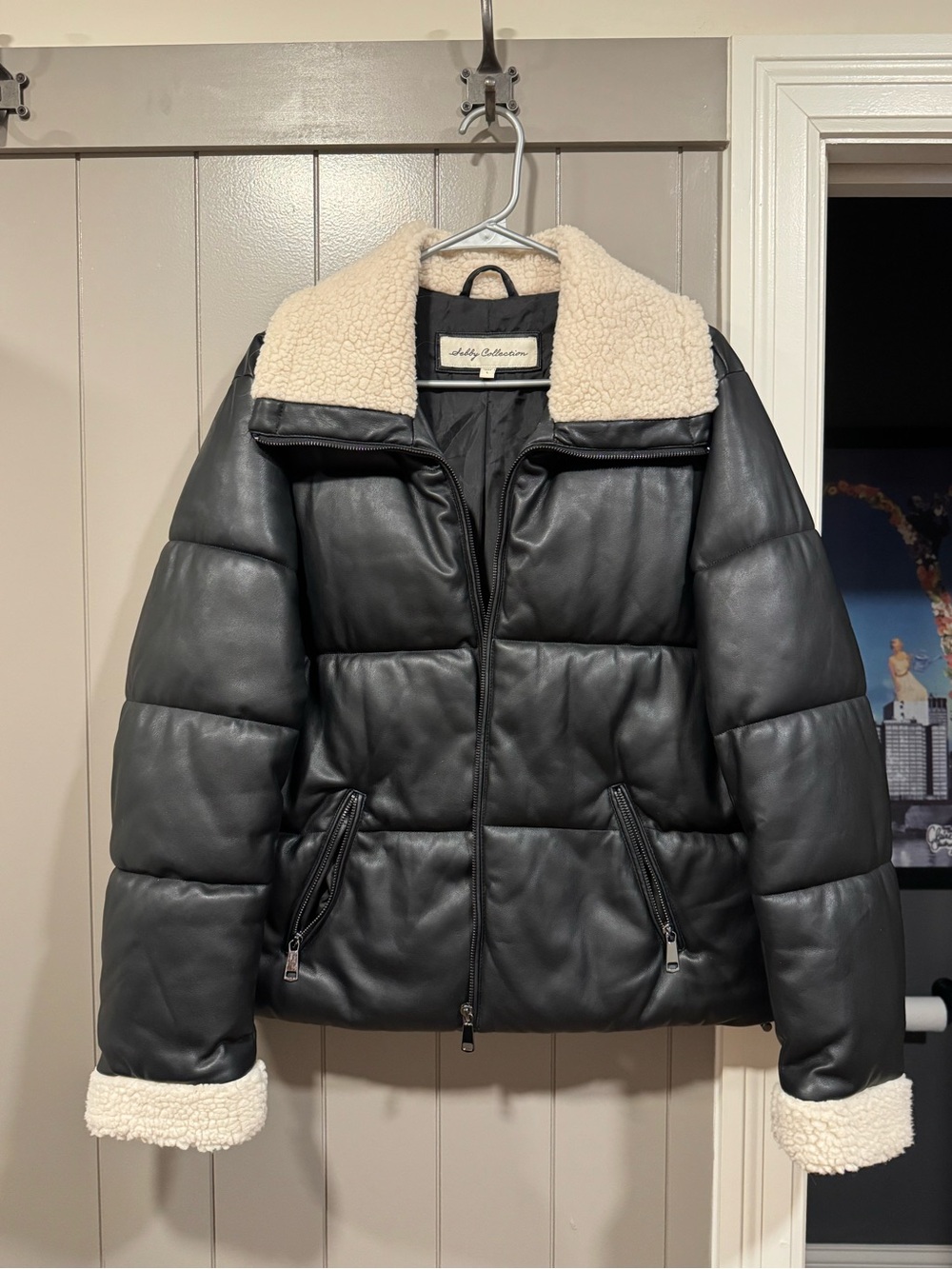Black Faux Leather Sherpa Collar Puffer Jacket
